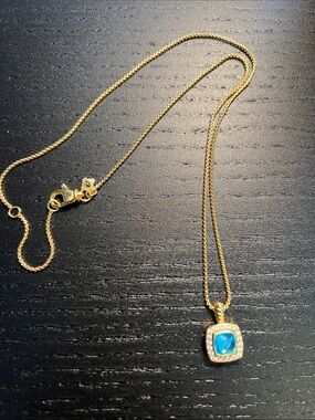 Gold Chain Necklace with Blue Cushion Pendant
